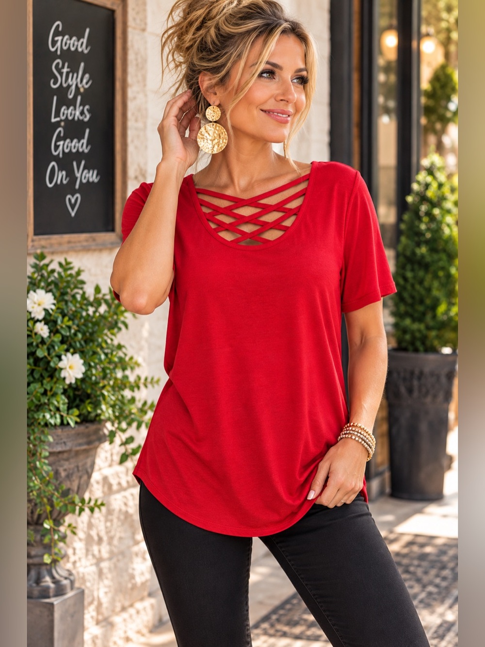 Lucky & Blessed Red Lattice Crisscross Neck Tunic Top L Short Sleeve